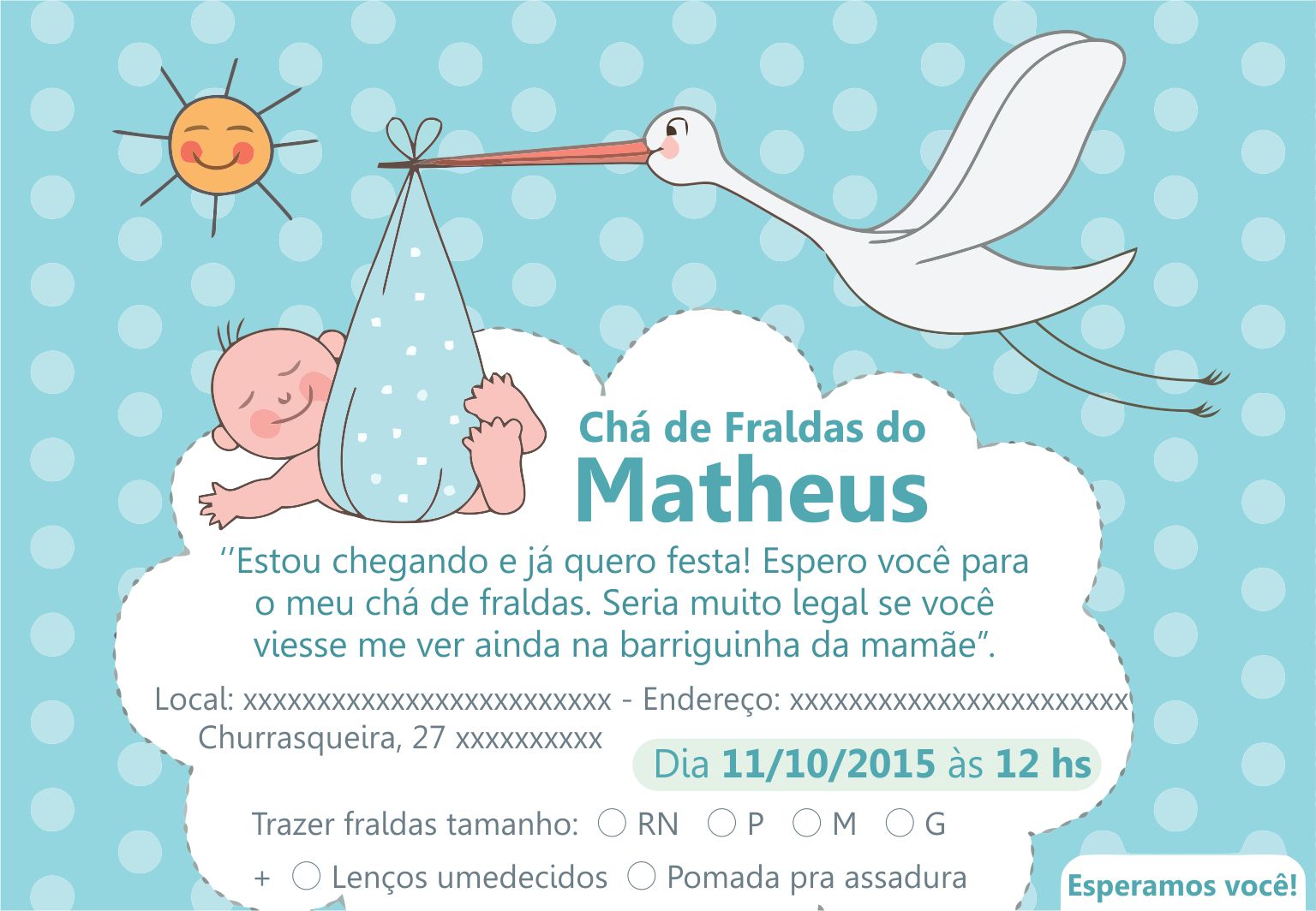 Convite Chá Bebê/ Fraldas - Modelo Bebê no berço - Cha de Bebê/ Fraldas